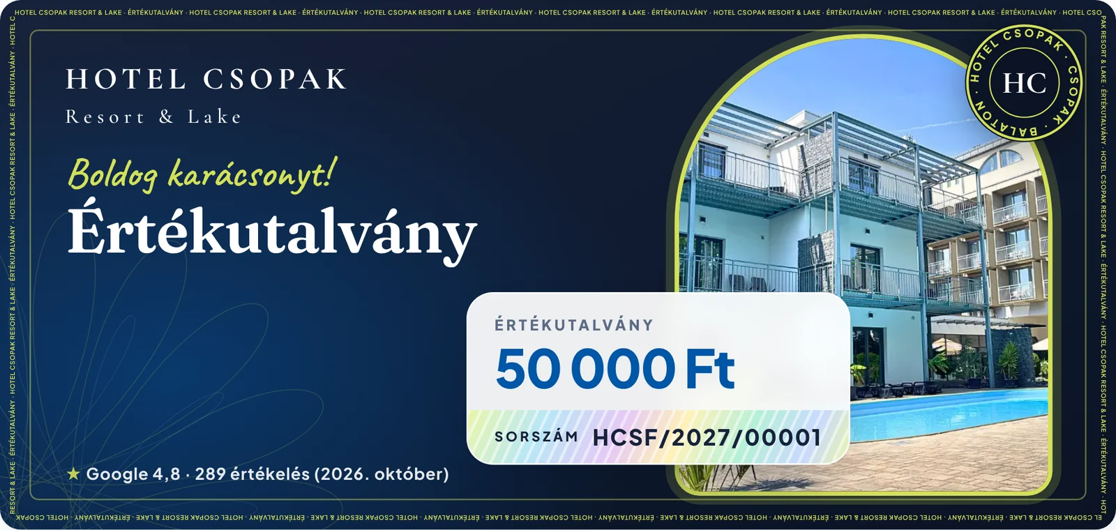 A Hotel Csopak értékutalványa: ívelt ablakban a szálloda fotója, 50 000 Ft érték, HCSF/2027/00001 sorszám